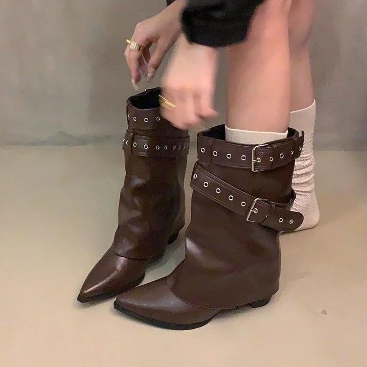 Vintage Thick Heel Pointed Toe Women Pipe Boots Fashion Belt Buckle Ladies Elegant Slip On Mordern Mid Calf Booties