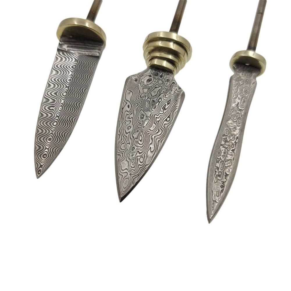 Dropship Real Damascus Steel Semi-finished DIY Tea Knife Blanks Mini Straight Knife Needle with Brass Fittings