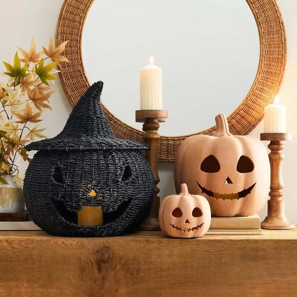 Halloween Pumpkins Farmhouse Table Ornament Hand-woven Rattan Pumpkin Statue Decorative Festive Crochet Party Arrangement Props