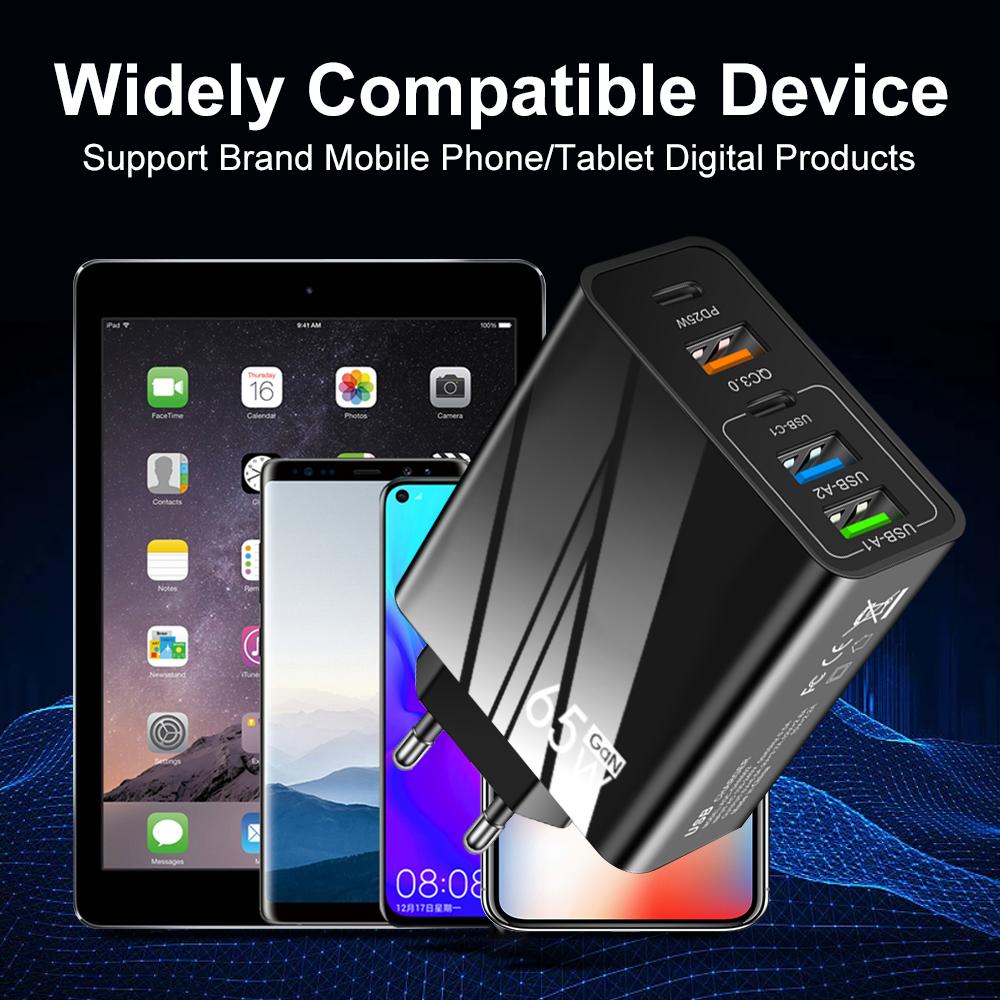 GaN 65W Fast Charging Charger Type C Mobile Phone Adapter for IPhone Huawei Xiaomi Samsung PD25W Wall Charger Quick Charge 3.0