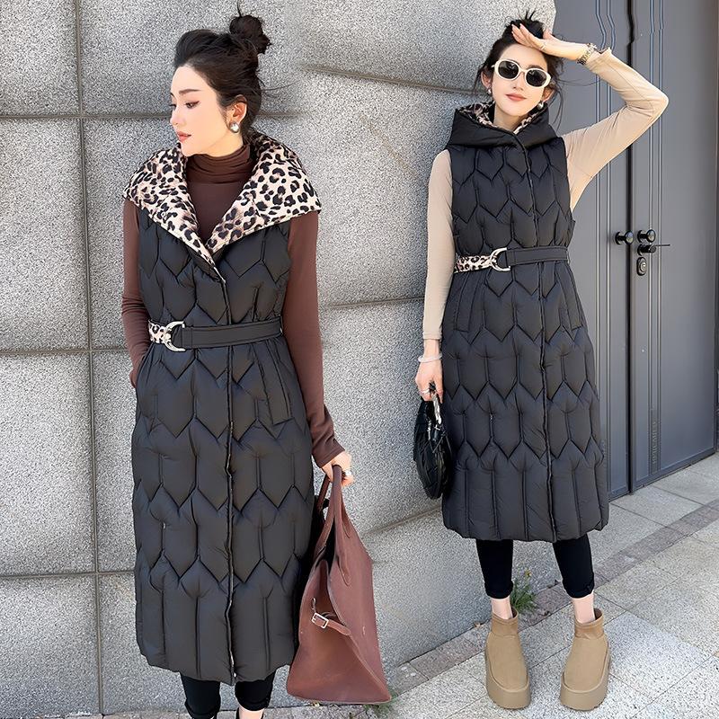 European and American leopard print plus slim-fitting hooded cotton vest to keep warm in autumn and winter women's long thin down cotton vest vest