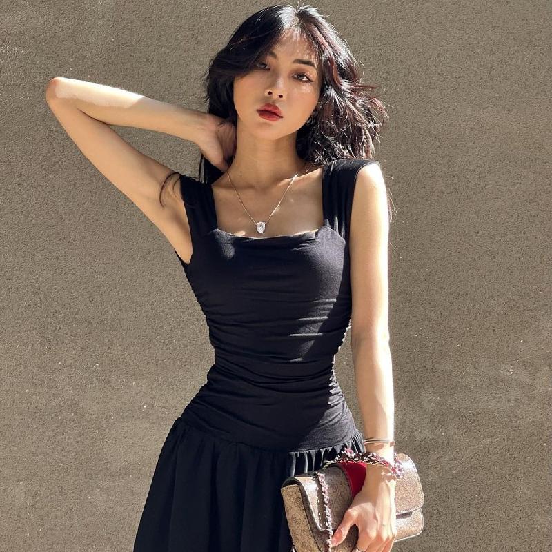 LYRIA Elegantní dlouhé šaty na ramínka Sexy dámské řasené bodyconové jednobarevné maxi šaty Jarní Y2K temperament s vysokým pasem Vestidos