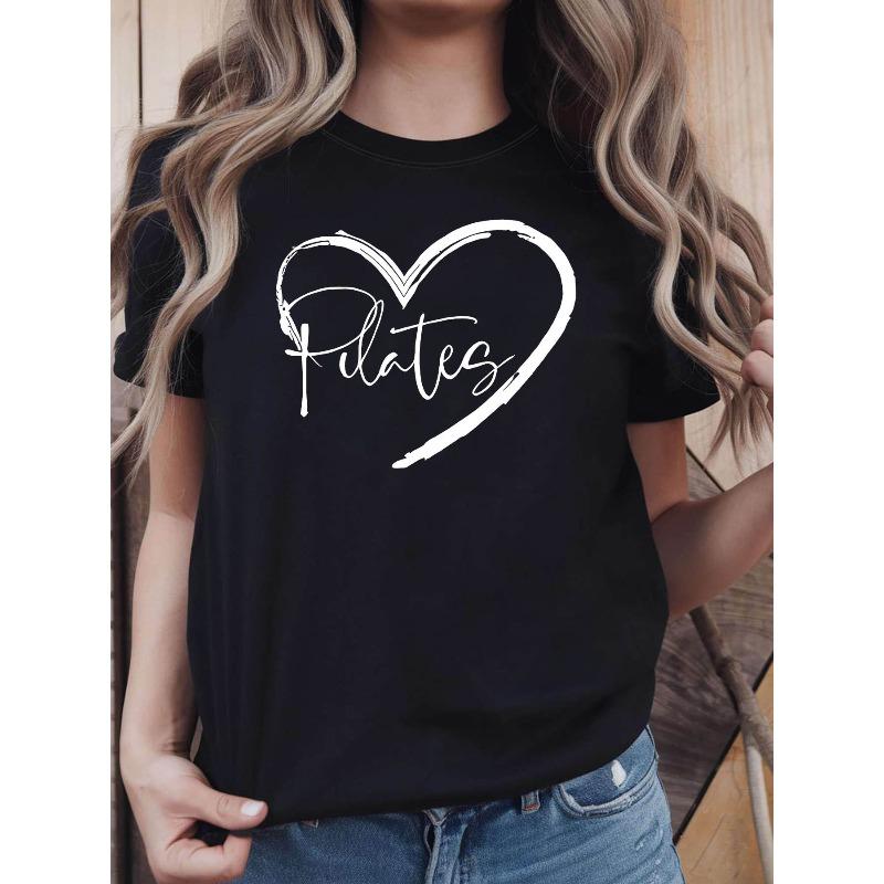 

Heart Script Print Women S T-Shirt, Class & Daily Outing Top, Elegant & Style Short Sleeve, Daily Street Vibe Tee S чёрный
