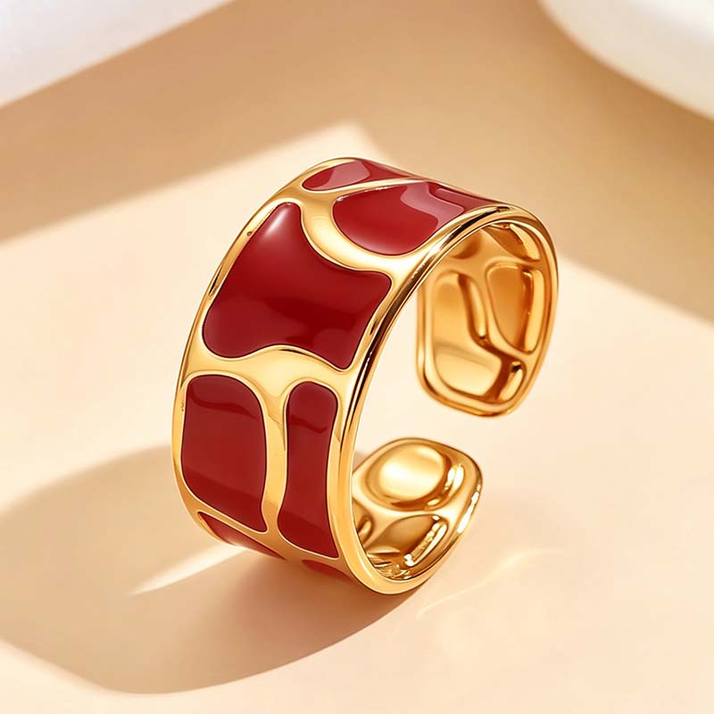 Vintage Red Enamel Oil Drip Open Rings for Women Stainless Steel Gold Color Irregular Textured Geometric Ring Jewelry