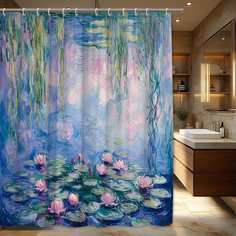 

1pc Impressionist Water Lilies & Willow Branches Shower Curtain - Vibrant Pink Lilies on Tranquil Pond Design, Polyester Fabri 90x180cm