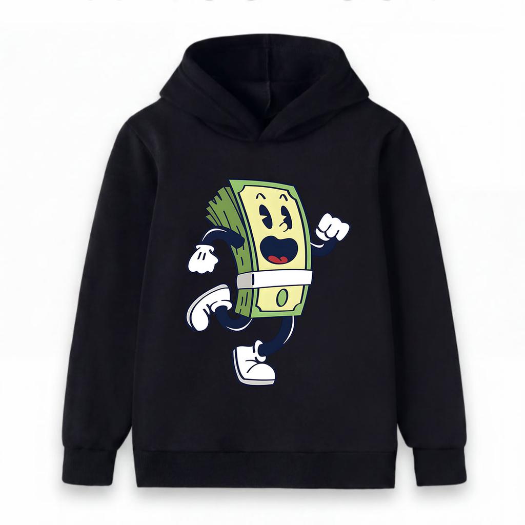 Kids Boys Girls Pullover Hoodie, Retro Cartoon Running Dollar Bill Character Print Casual Long Sleeve Hooded Sweatshirt for Daily Wear and Outdoor