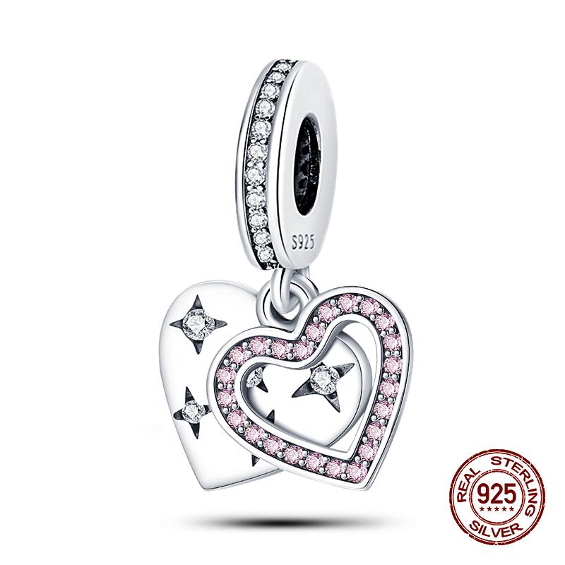 Copper Pink Zircon Heartbeat Charms Beads Fit Pandachoriginal Bracelets Diy Fine Jewelry Valentine'S Day Gifts