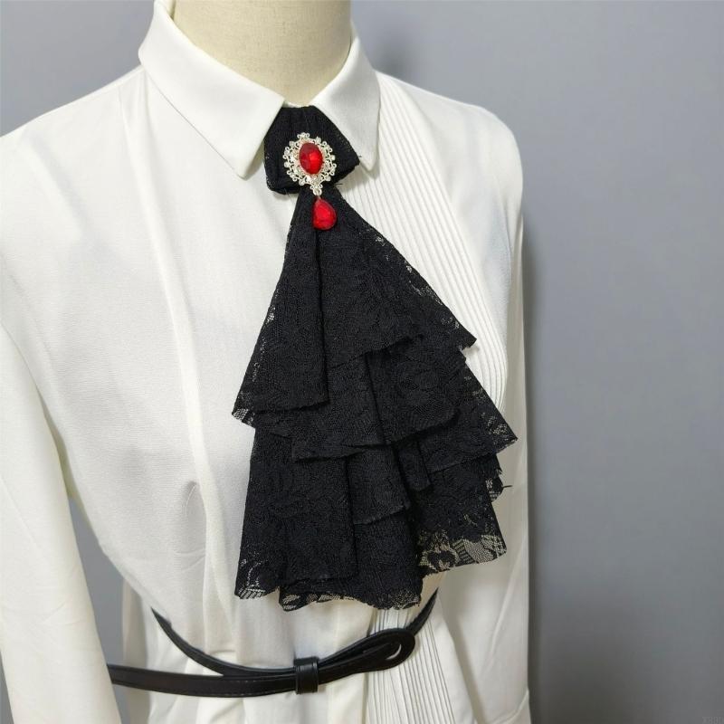 Rhinestones Ruffled Lace Jabot Victorian Renaissances Detachable Faux Collar for Themed Gatherings and Theatrical Wear