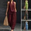 Zweiteilige Baumwoll-Leinen-Sets für Damen Ärmelloses V-Ausschnitt-Neckholder-Top Passende Weitbeinige Hosen Sommerurlaub Loungewear Outfits