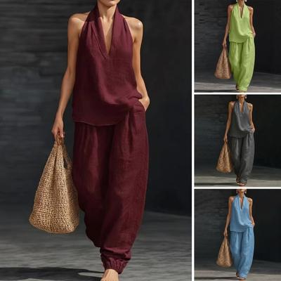 Completi due pezzi in cotone e lino da donna Top senza maniche con scollo a V e incrocio Pantaloni a gamba larga coordinati Outfit estivi per vacanze e relax