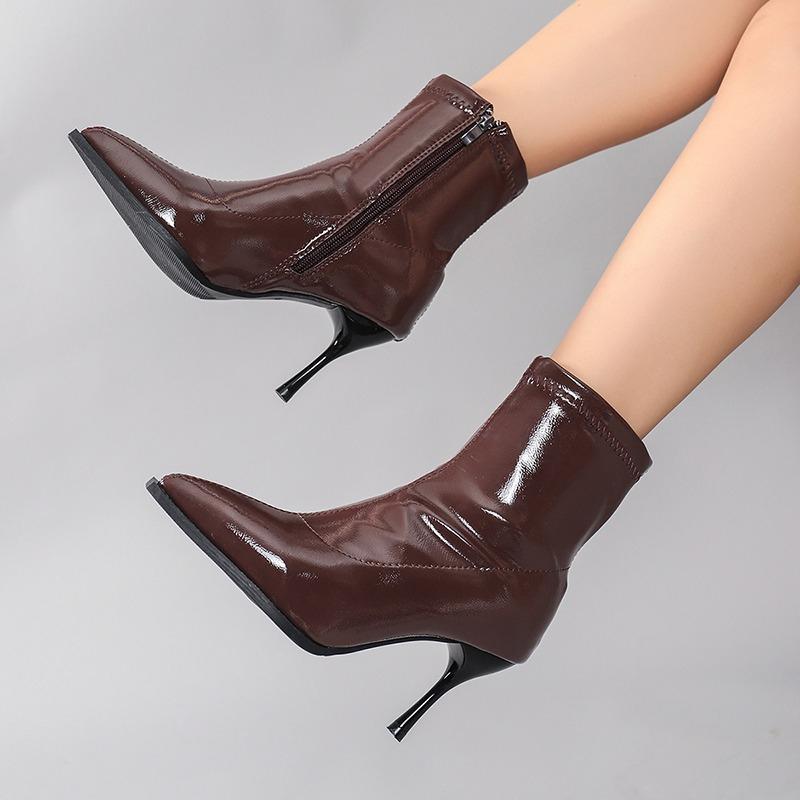 Fashion Patent Leather Women Ankle Boots Zipper Shoes Sexy Thin Heels Pointed Toe Modern Short Botas Mujer