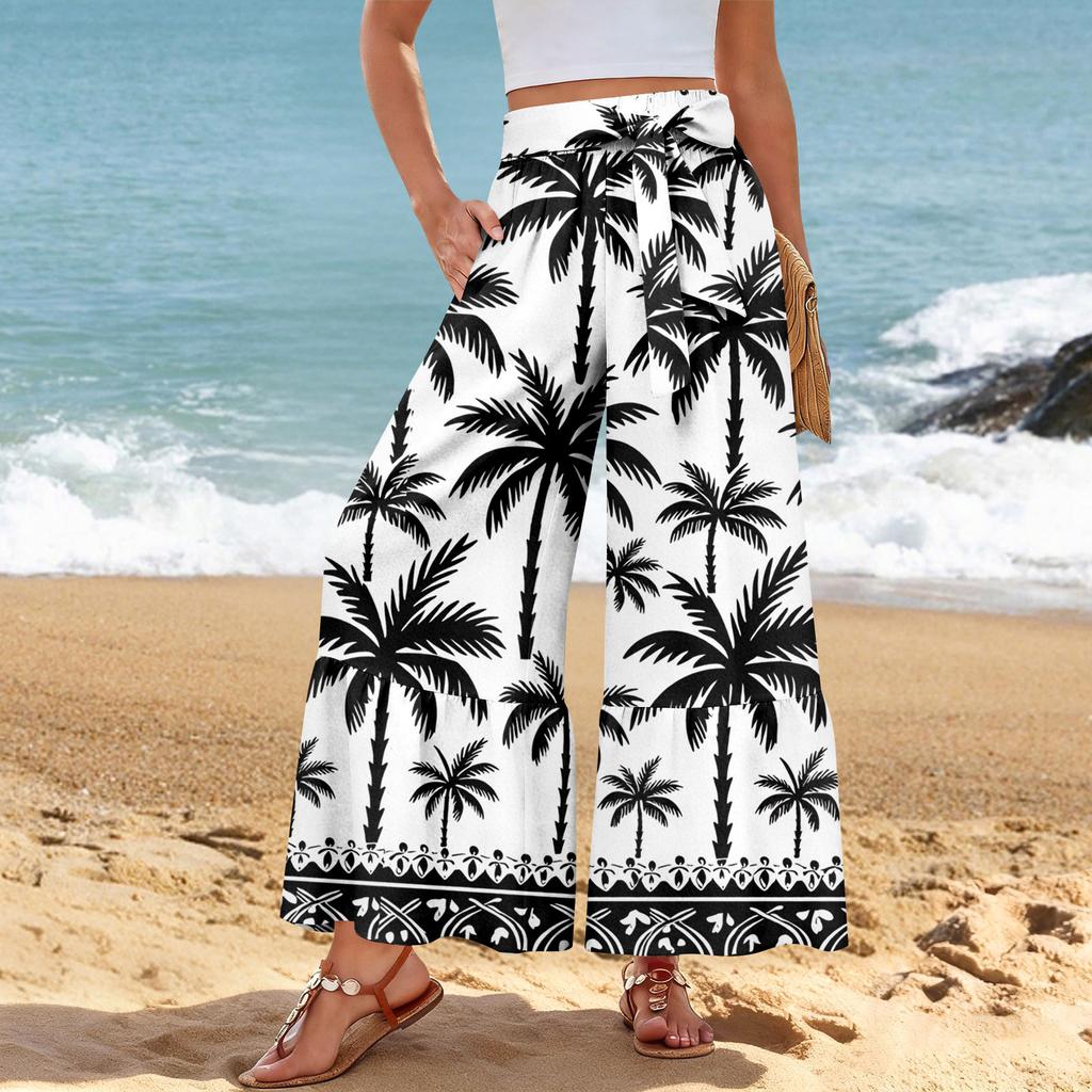 Women's Wide-Leg Casual Pants, Stretch, High Waist, Ruffled Hem, Wide Legs, Belted, And Pockets
