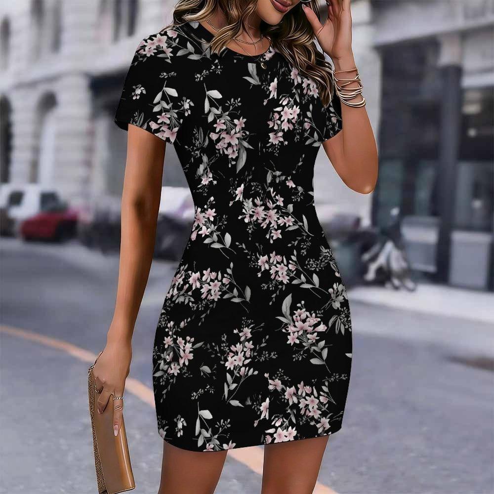

Fashion Womens Loose Floral Pattern Print O Neck Short Sleeve Loose Streetwear A-line Dress XXL сірий