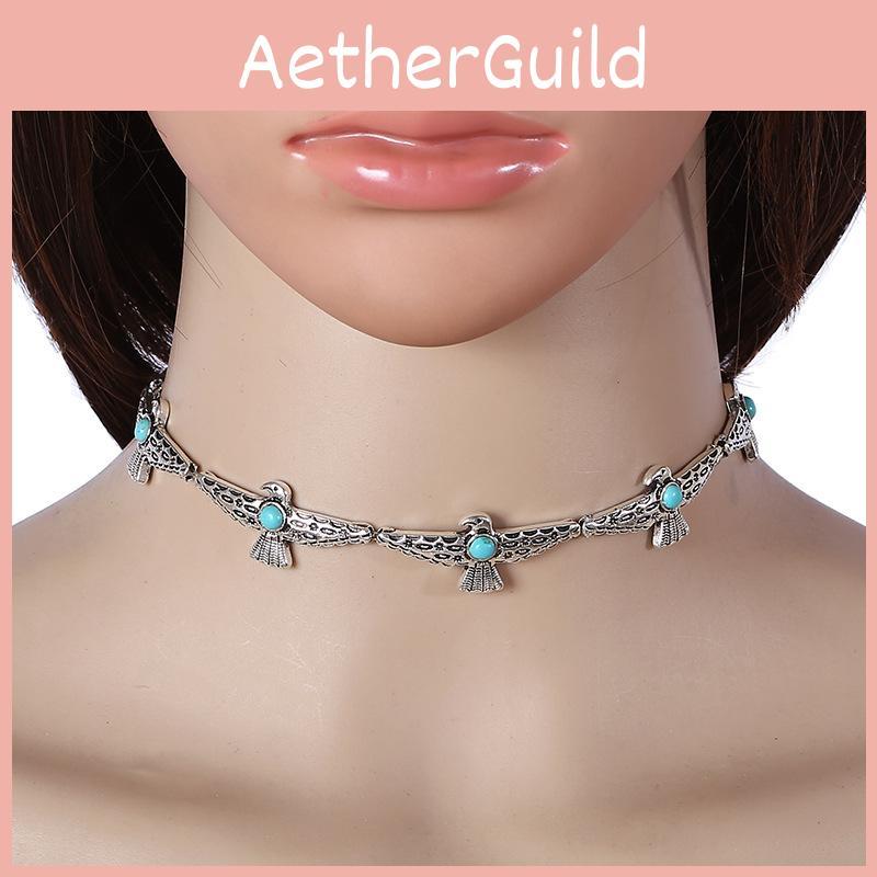 Vintage Art Deco Alloy Choker With Bird Design Artificial Turquoise Decor For Ladies Gift