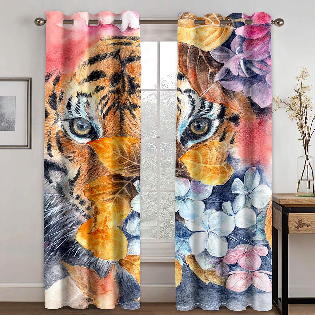 Dominating Tiger 3D Digital Print Curtain Fabric Living Room Bedroom Home Environment Landscaping Curtain Fabric Two Panels