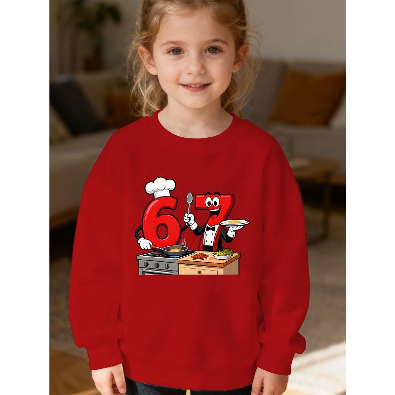 Kids Unisex Crewneck Sweatshirt, Cartoon Chef Number 67 Print Long Sleeve Pullover, Soft Fleece Kids Sweatshirt For Boys Girls Over 4 Years Old