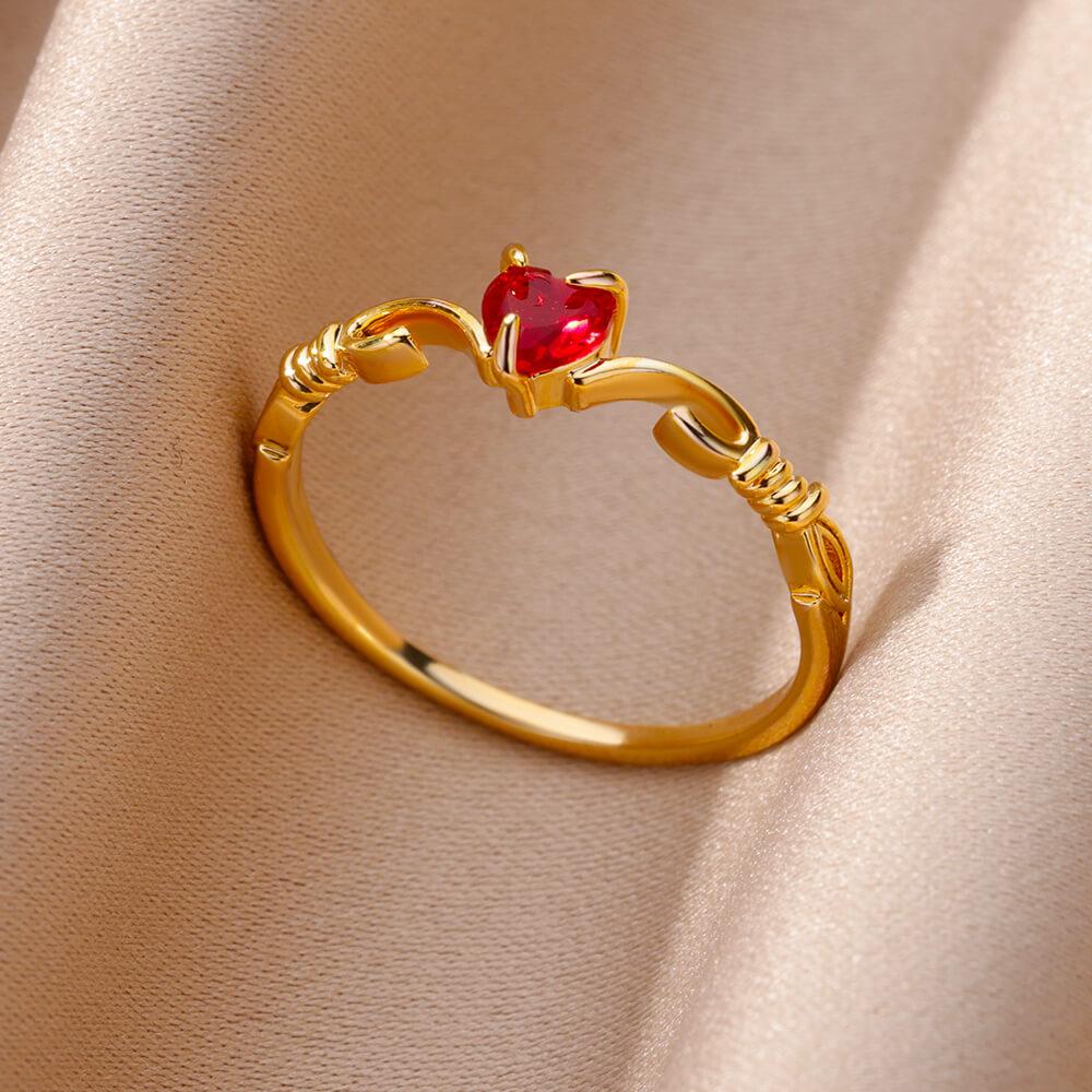 Red Heart Zircon Rings For Women Girls Gold Color Stainless Steel Ring Wedding Engaement Romantic Party Jewelry Girlfriend Gift