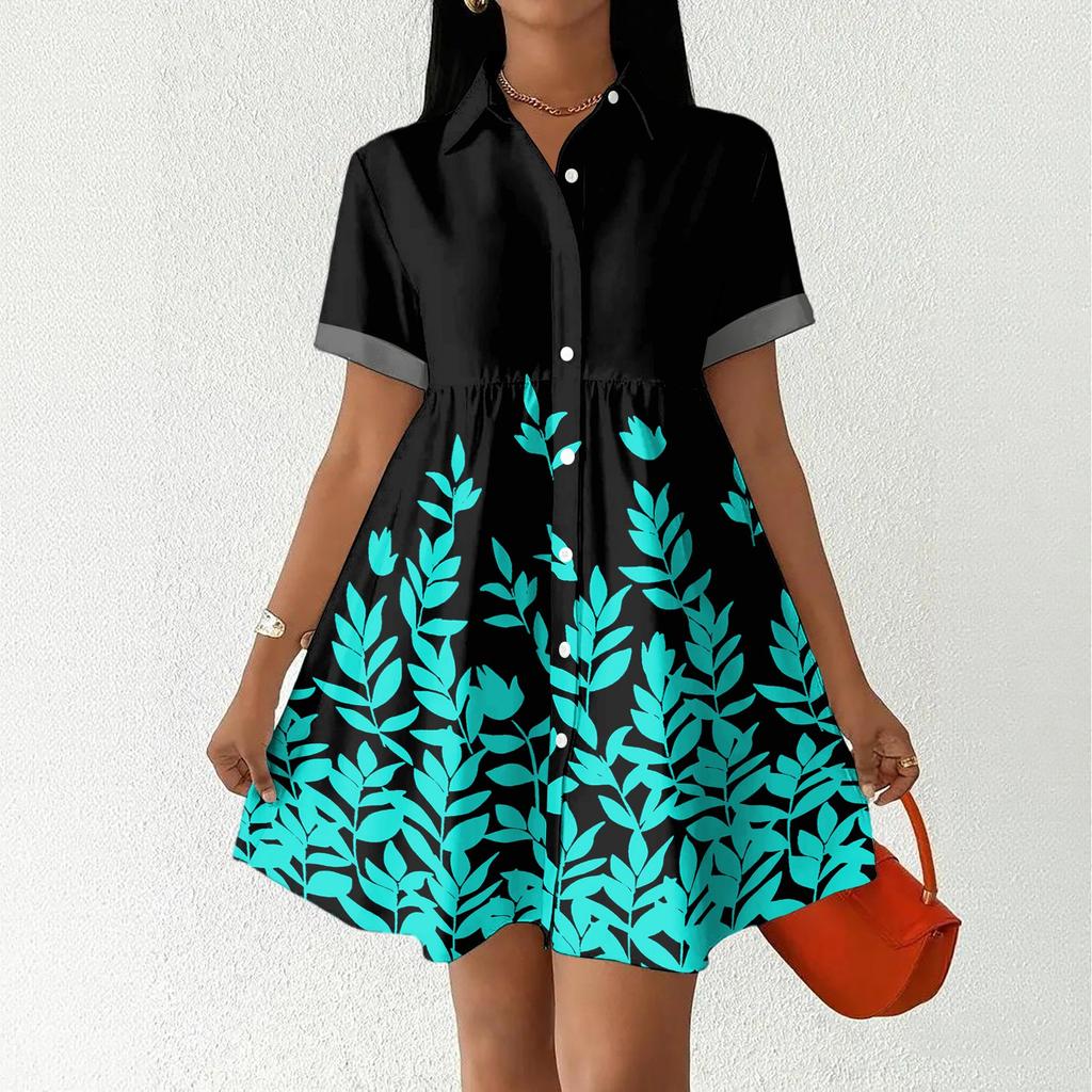 Women's Casual Loose Fit Shirt Dress Button Front Short Sleeve Collared Dress with Floral Print Suitable for Daily Wear and Outdoor Activities