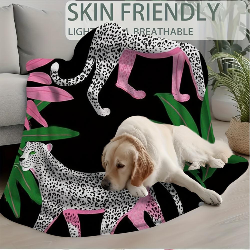 1pc Extra Large Soft Blanket - Leopard Print in Pink, Green & Black - Heavy-Duty Over 100-Yarns Construction - All-Season Couch