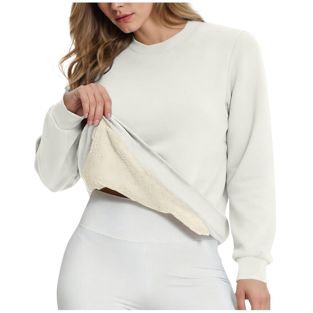 Women's Casual Fashion RoundNeck Pullover Top Winter Solid Color Plush Sweatshirt
