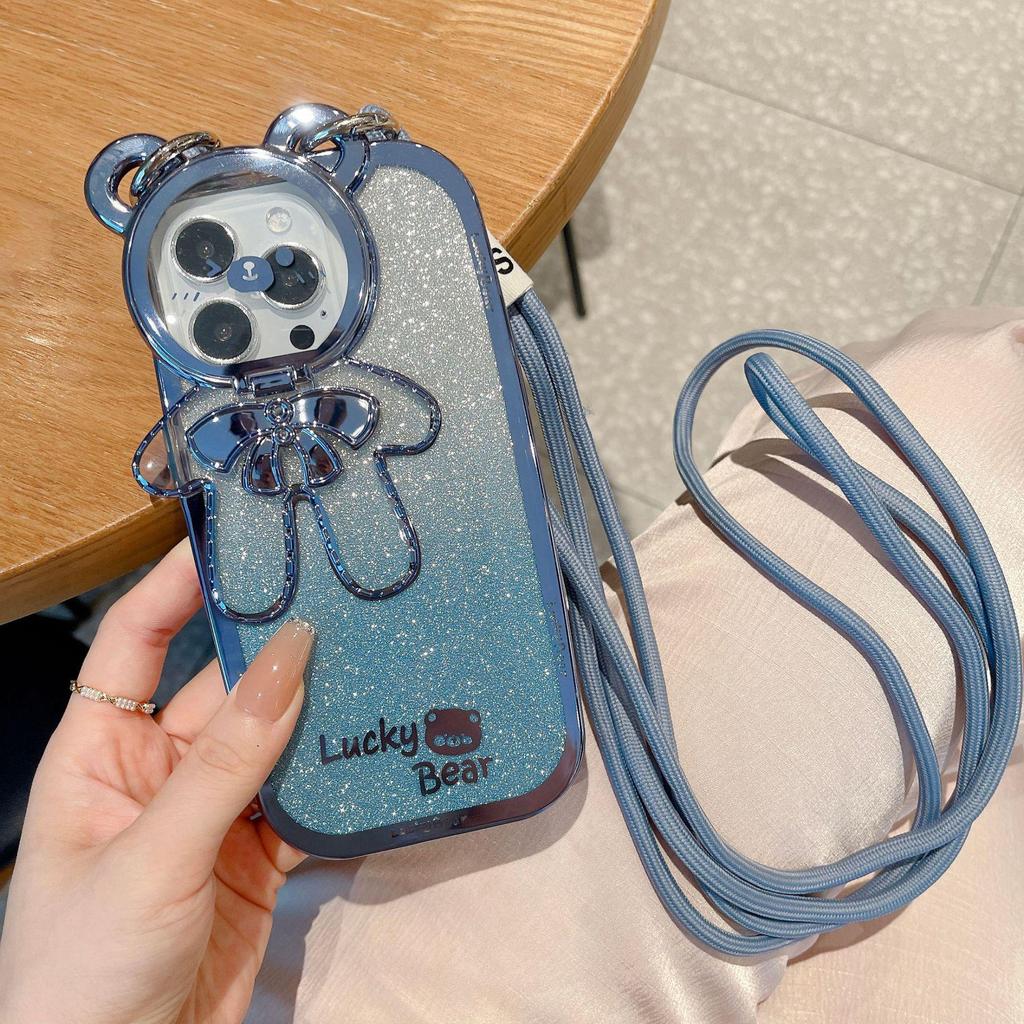 Glitter Lanyard Silicone Case with Bracket for iPhone 13/14/15 Pro Max & 16