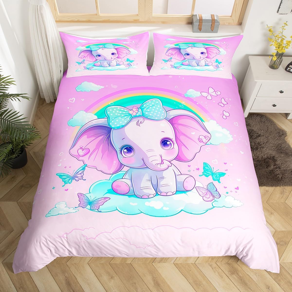 

Comforter Cartoon Animal Cute Elephant Bedding Set Microfiber Botanical Floral Twin For Kids Girl Teen Kawaii Room Comforter (quilt)-EU Single(135*200cm)3pcs