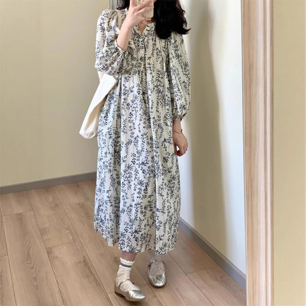 French Loose Age-reducing Dress for Women's Summer Foreign Style Age-reducing Gentle Temperament Lace-up Thin Floral Dress Wholesale