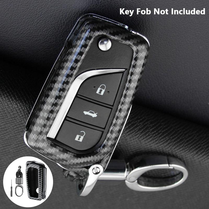 Carbon Fiber Style Car Key Fob Case Cover Shell with Keychain For Toyota RAV4 Camry C-HR Corolla Hatchback