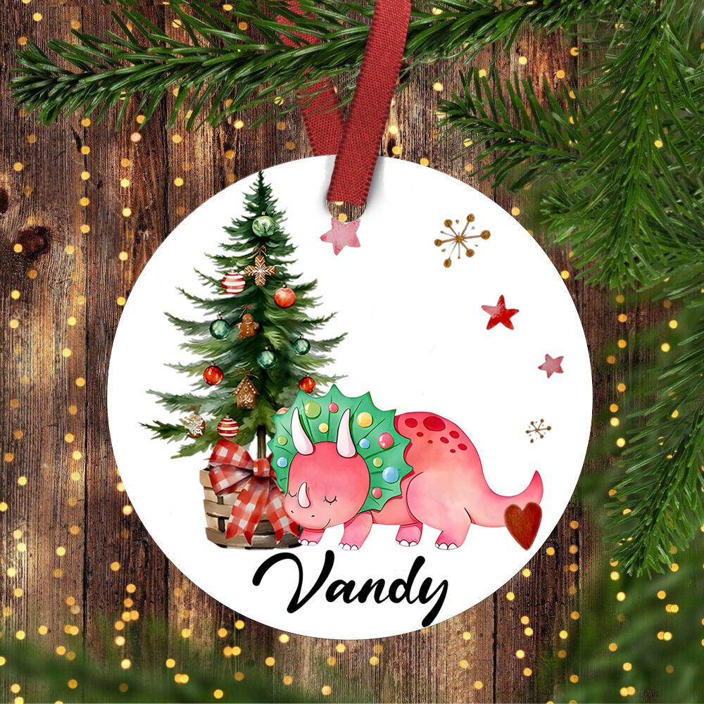 Personalised Christmas dinosaur decoration, Xmas tree ceramic hanging ornament, gift bauble, first Christmas keepsake present