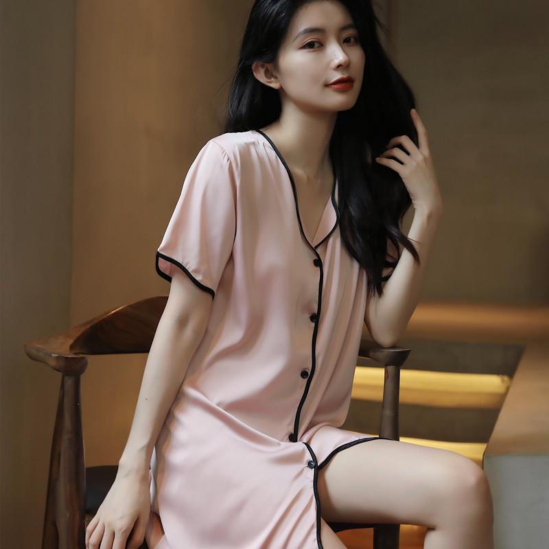 Silk Summer Short Sleeve Cardigan Nightgown Pajamas - Women's Casual Loungewear In Pure Desire Style