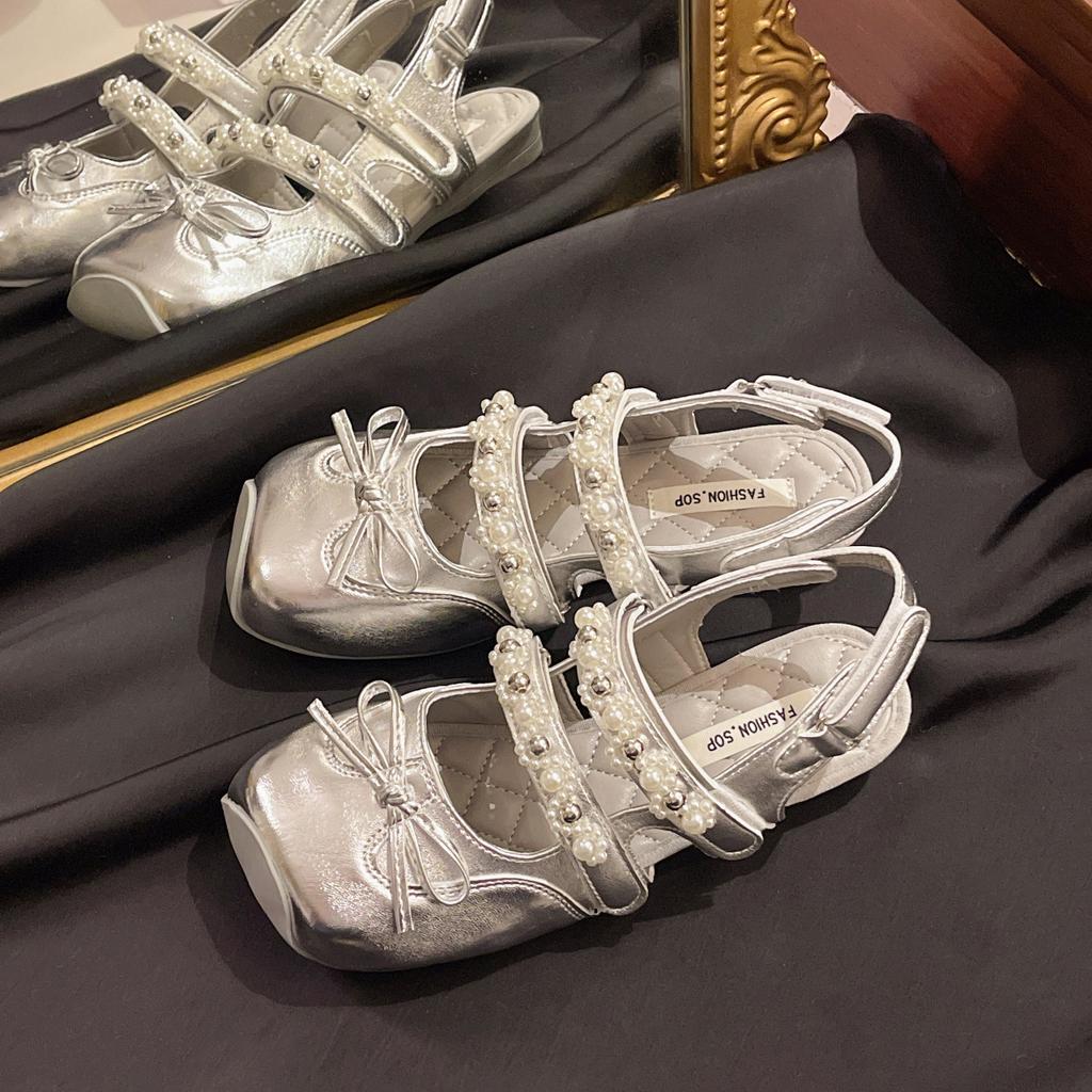 [Fanfna] Square Head Shallow Mouth Mary Jane Shoes Women's 2025 Summer Bow Sweet Empty Baotou Sandals