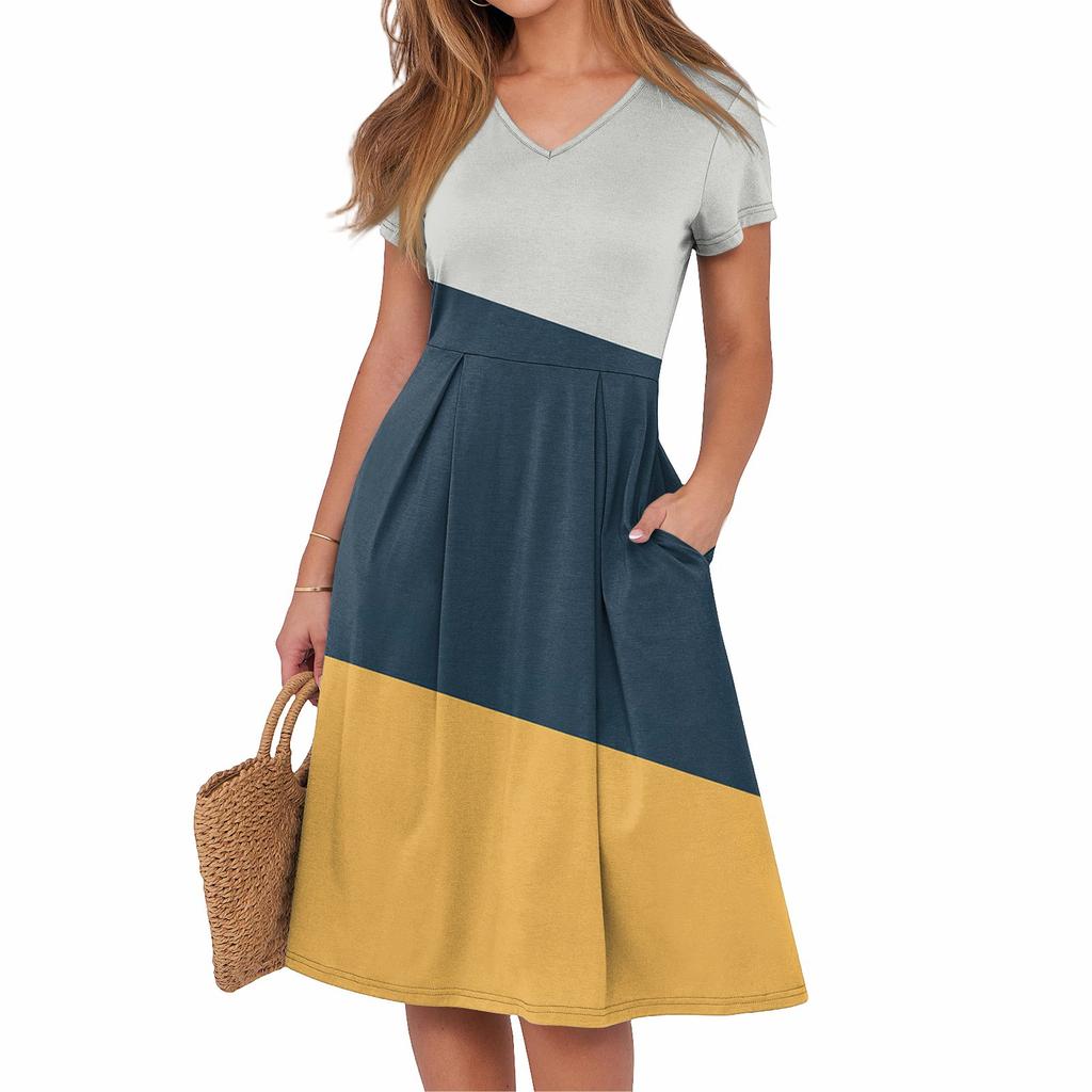 Kvinners sommer casual trykk V-hals kort ermet kjole med lommer