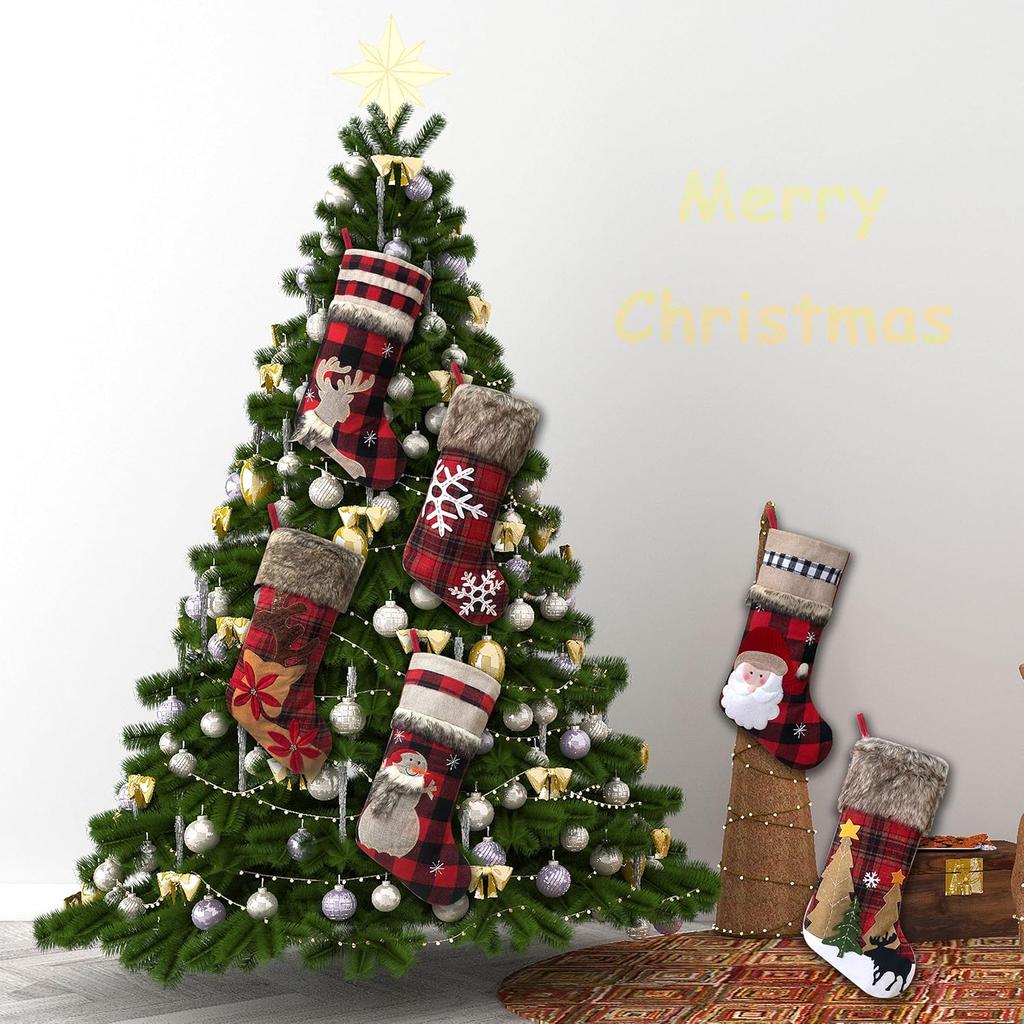 BRvieluck Christmas Stockings Set of 6 Buffalo Red Plaid with Soft Faux Fur for Family Fireplace Hanging Large 20 Inches Xmas Stockings Decorations