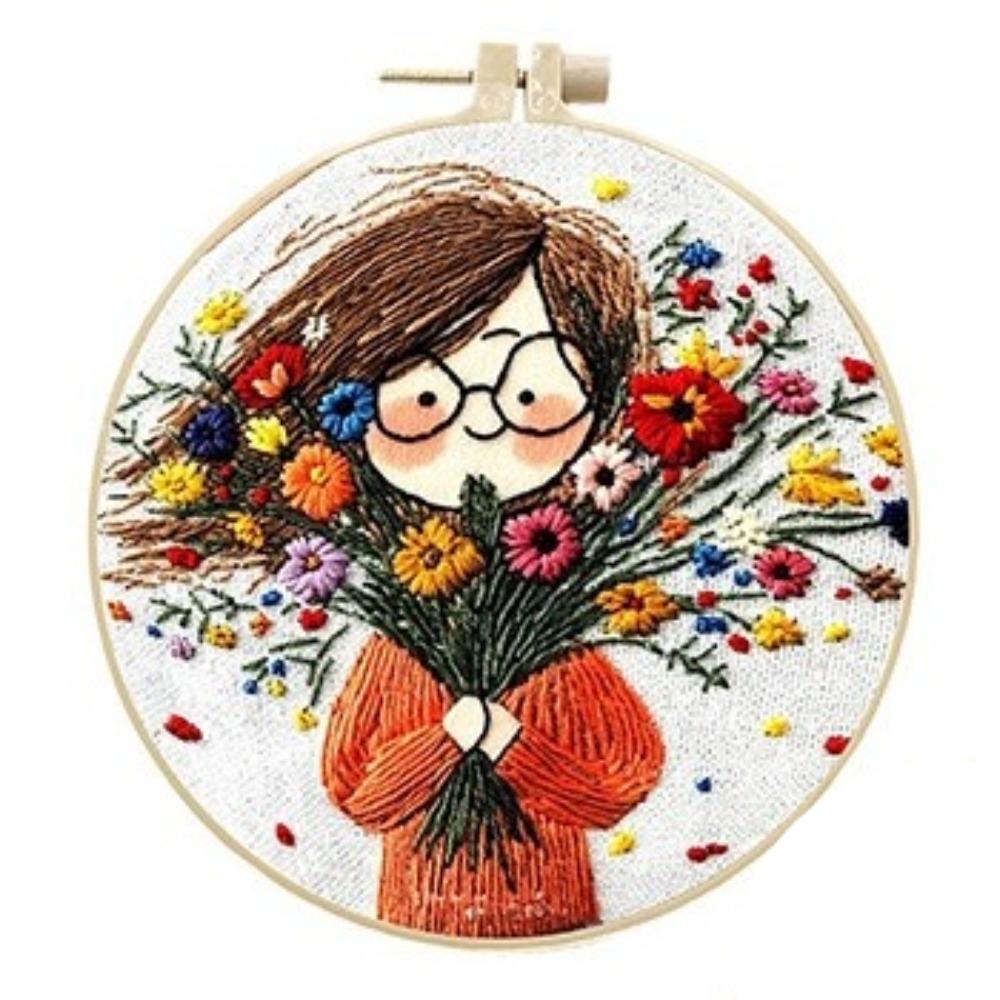 1 Set Cartoon Mädchen Bouquet Handstickerei Materialset, Kreuzstich Anfänger Einfaches Set mit Illustrierter Anleitung und Werkzeugen