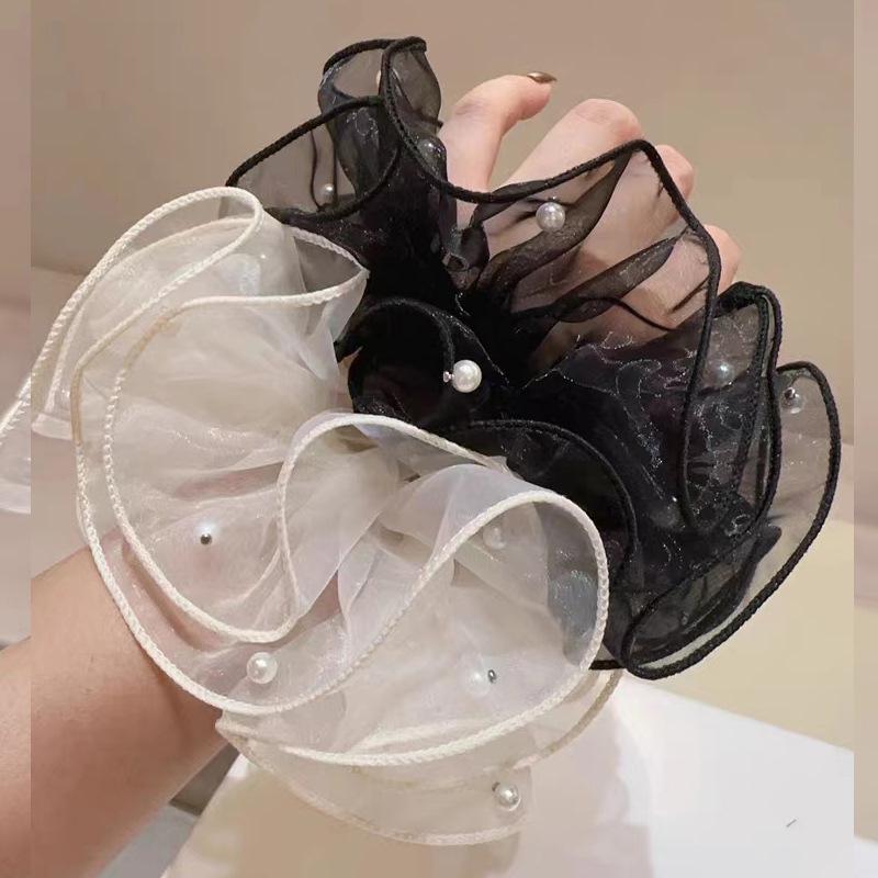 Koreanisches Organza Fairy Pearl Haargummi mit Spitze Doppellagig