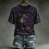 Women's Casual V-Neck Short Sleeve T-Shirt with Halloween Print and Shoulder