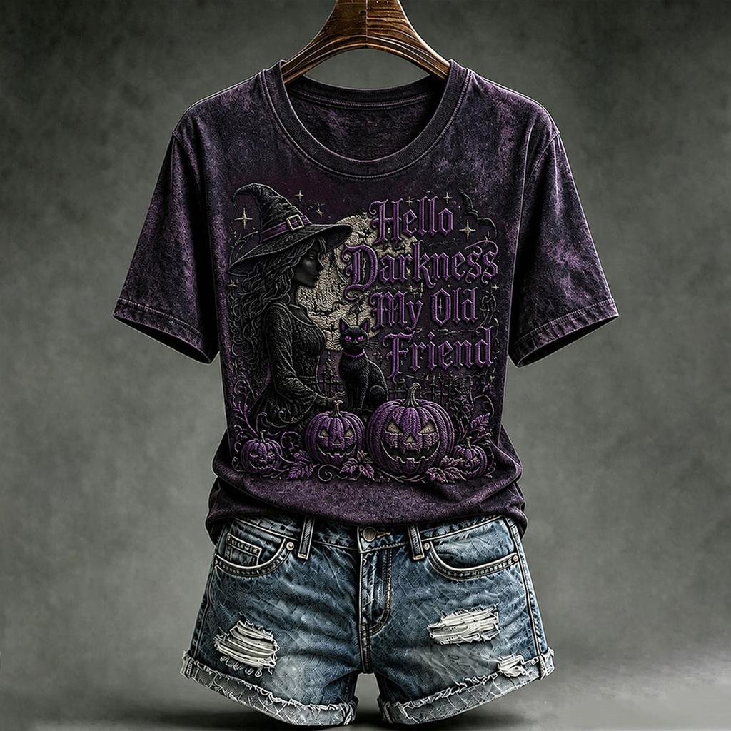 Women's Casual V-Neck Short Sleeve T-Shirt with Halloween Print and Shoulder