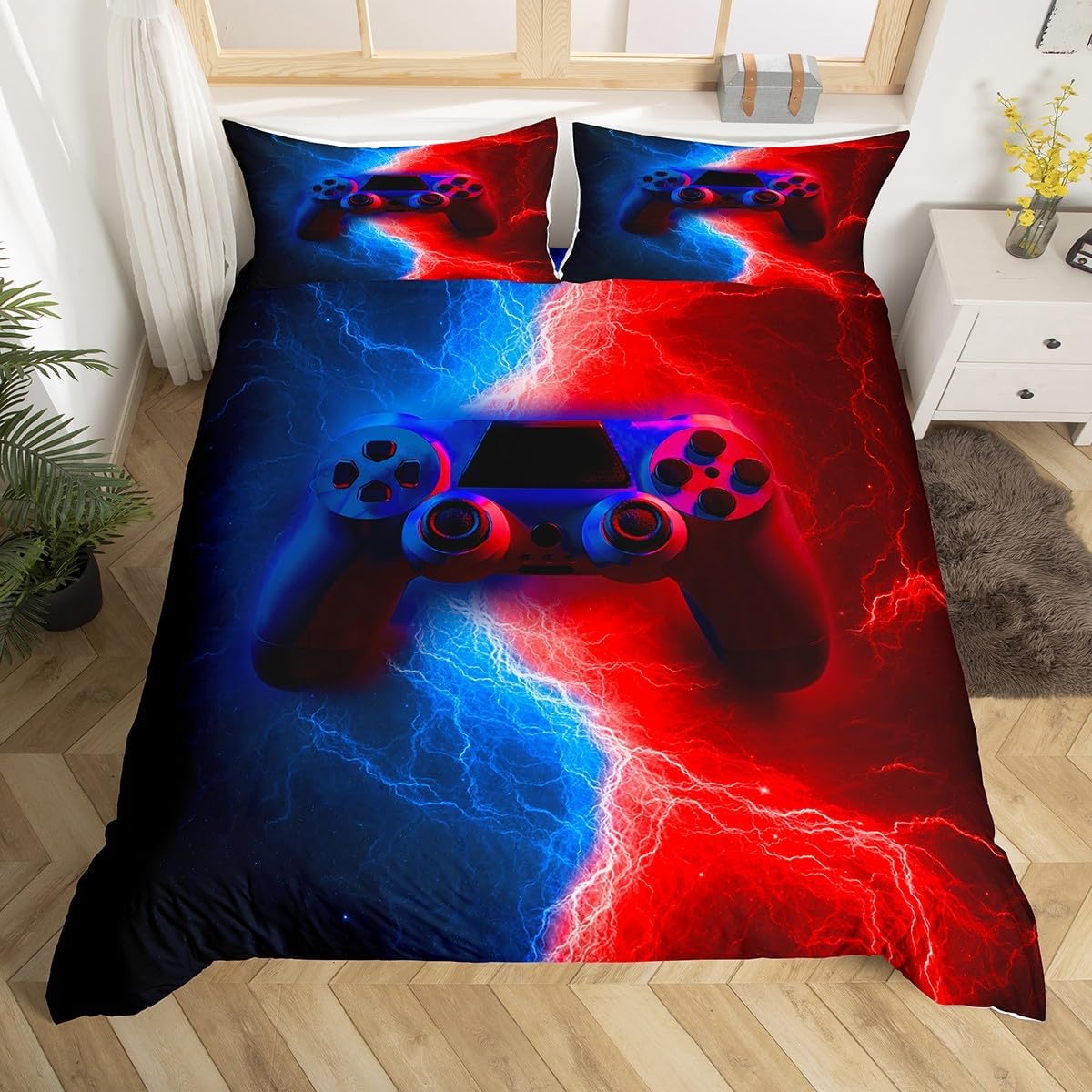 

Gamer Gaming Bedding Sets Single SizeLightnings Gamepad Duvet Cover Video Games Comforter Cover for Kid Teens Boys girls Man EU Single(135*200cm)3pcs