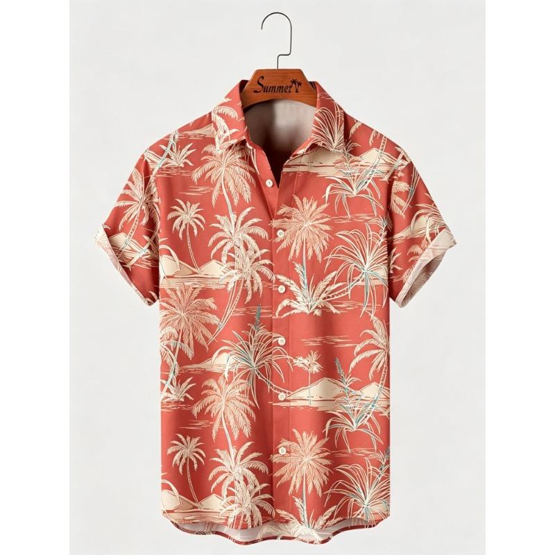 Men's Hawaiian Style Island Coconut Tree Short Sleeved Shirt with Full Print Collar Buttons, Beach Vacation Shirt