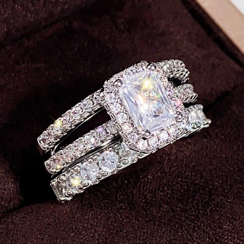 925 Sterling Silver Wedding Set Rings for Women Luxury 3Pcs/Set Sparkling Cubic Zirconia Fashion Engagement Party Jewelry