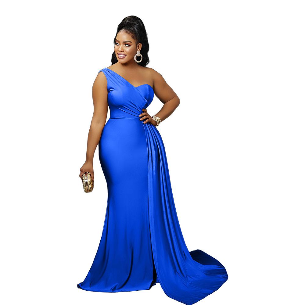 New Fashion Solid Color Sexy Tight One-shoulder Sleeve Long Dress for Party - Women's Private Wear Aristocratic Style Evening Gown