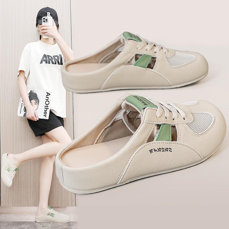 Korean Version of Baotou Half-drag Girl 2025 Spring and Summer New Heelless Hollow Casual Shoes One Foot Lazy Half Slippers