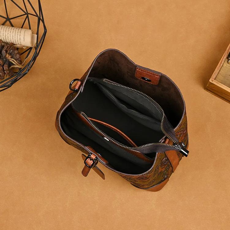 Johnature Retro Embossed Bucket Bag Large Capacity Handmade Women's Bag Versatile Shoulder Crossbody Bags
