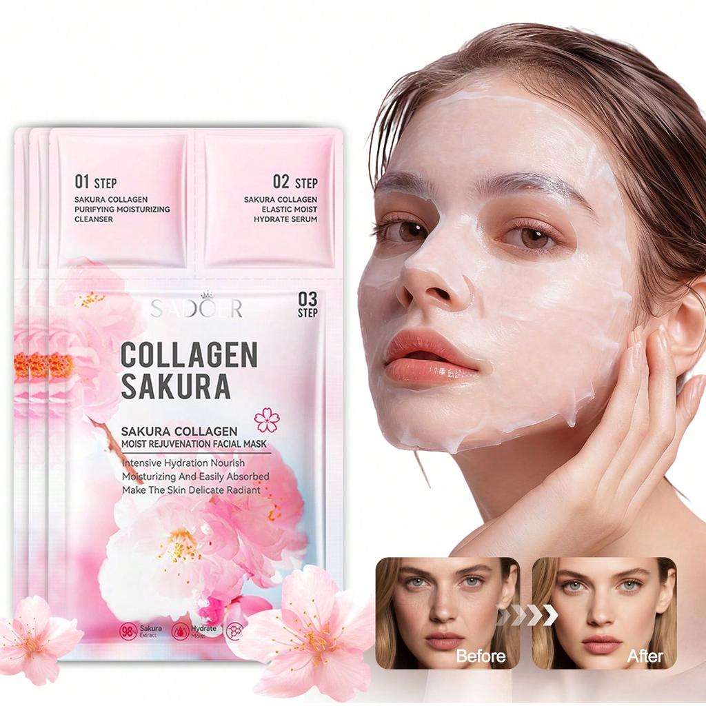 1/3/5/10/20pcs 3-In-1 Face Mask, 3D Contoured Fit Mask, Sakura Collagen Face Mask, Cleanser + Essenc
