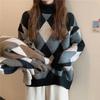 2023 Korean Retro Diamond Plaid Color Block Thick Warm Loose High Neck Sweater for Women