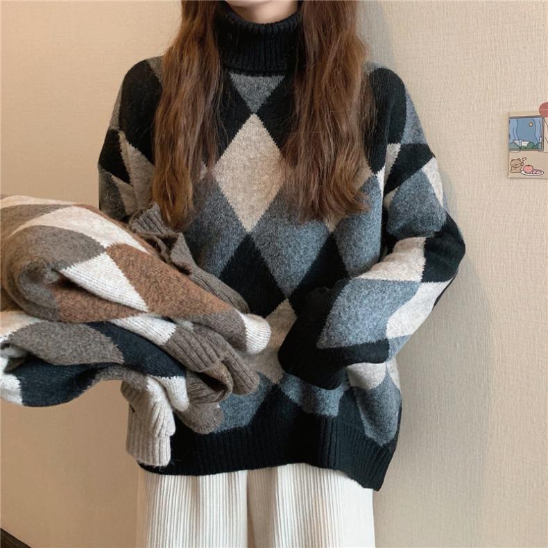 2023 Korean Retro Diamond Plaid Color Block Thick Warm Loose High Neck Sweater for Women