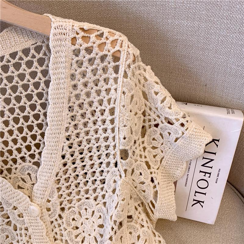 Women's French V-Neck Crochet Knit Cardigan - Chic Summer Fashion, Slimming Loose Fit, Versatile Top