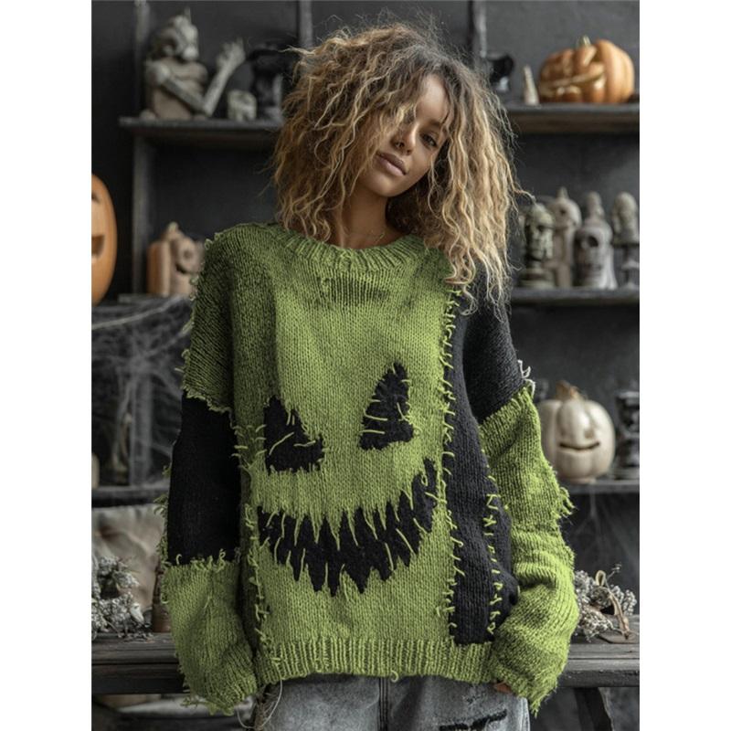 Women Crew Neck Loose Pullover Halloween 3D Digital Print Long Sleeve Casual Sweatshirt