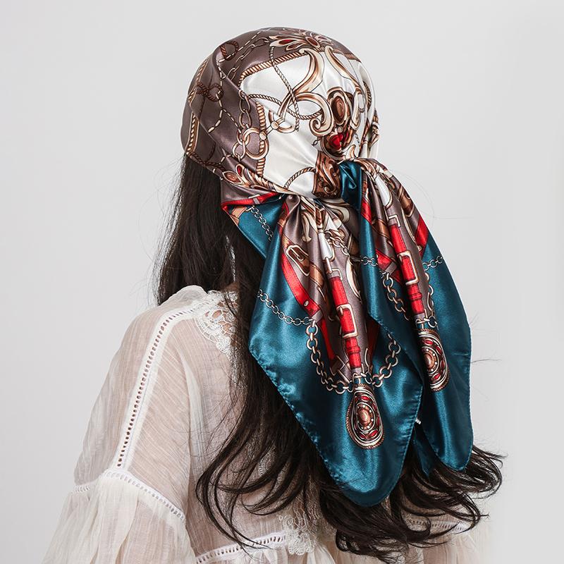 Luxury Brand 90cm Square Silk Scarf Women Shawls Wraps Hijab Scarves Print Kerchief Femme Head Scarf Foulard Bandana Beach Pareo