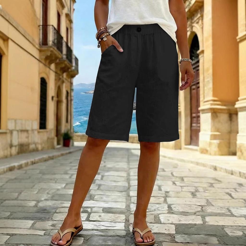 Women's Fashionable Color Elastic Waist Pocket Casual Loose Cotton And Linen  Five Quarter Shorts